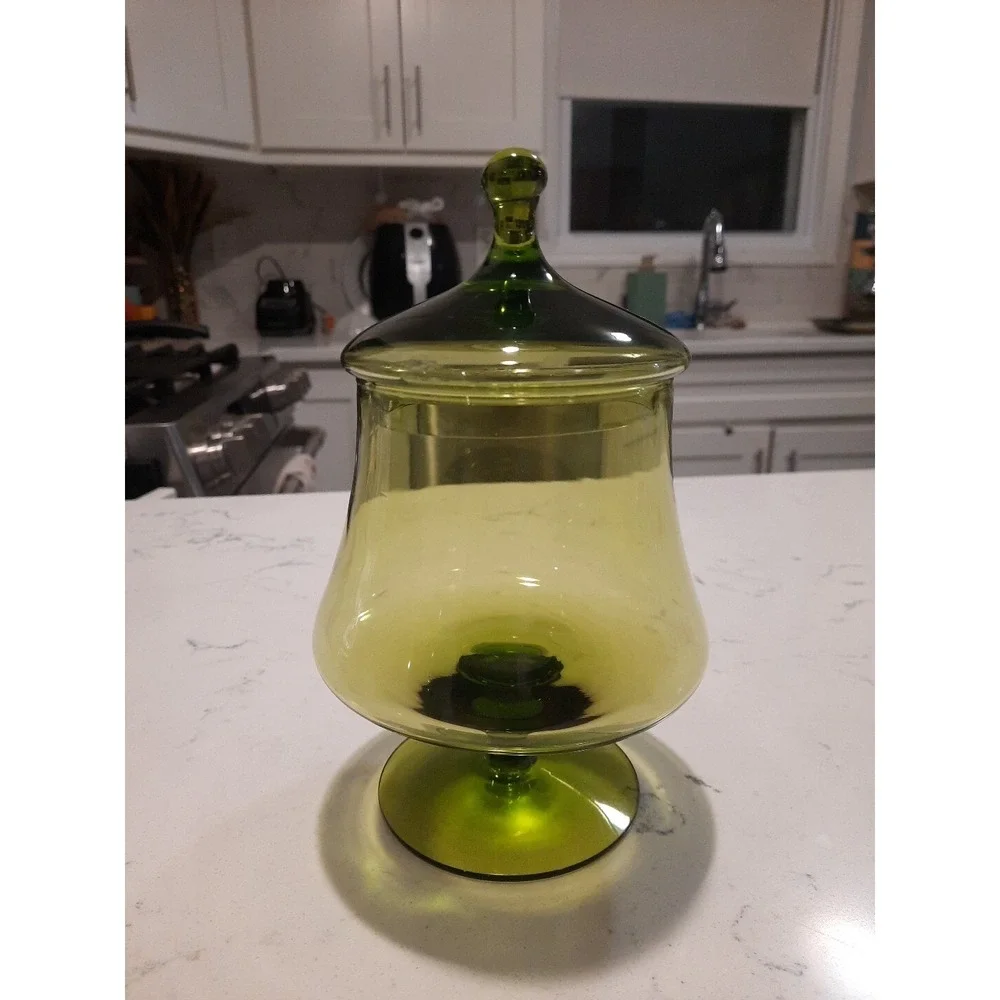 Vtg Empoli Glass Apothecary Jar Dish Olive Green Mid Century